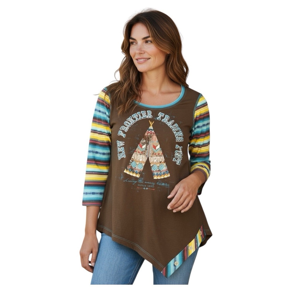 Panhandle Slim Brown Tee with Colorful Striped 3/4 Sleeves